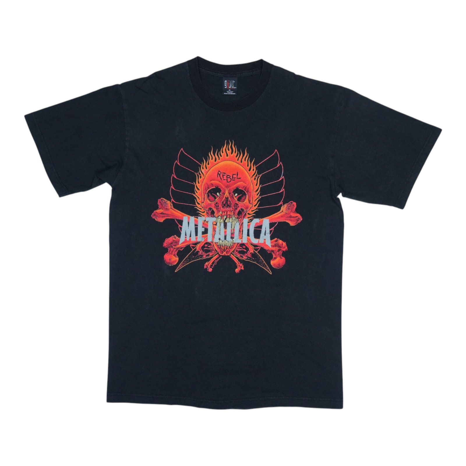 1990s Metallica Rebel Shirt: 1990s Metallica Rebel Shirt Metallica's iconic Rebel Youth logo emblazoned on the chest, this vintage Metallica shirt from the 1990s is a must-have for fans of the band. Made from durable material,