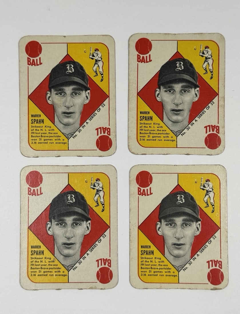 LOT OF (4) - 1951 TOPPS RED BACK WARREN SPAHN #30: LOT OF (4) - 1951 TOPPS RED BACK WARREN SPAHN #30 1951 Topps Red Back Warren Spahn #30 - A Rare Baseball Card from the Iconic First Year Set. This card features a iconic red back design and showcases 