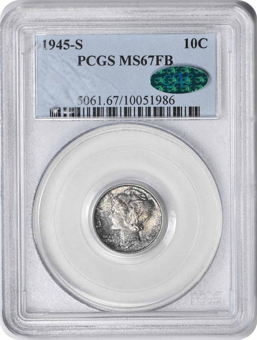 1945-S Mercury Silver Dime MS67FB PCGS (CAC): 1945-S Mercury Silver Dime MS67FB PCGS (CAC) The 1945-S Mercury Silver Dime MS67FB PCGS is an exceptional example of American numismatics, boasting a stunning MS67 grade from the Professional Coin Gra