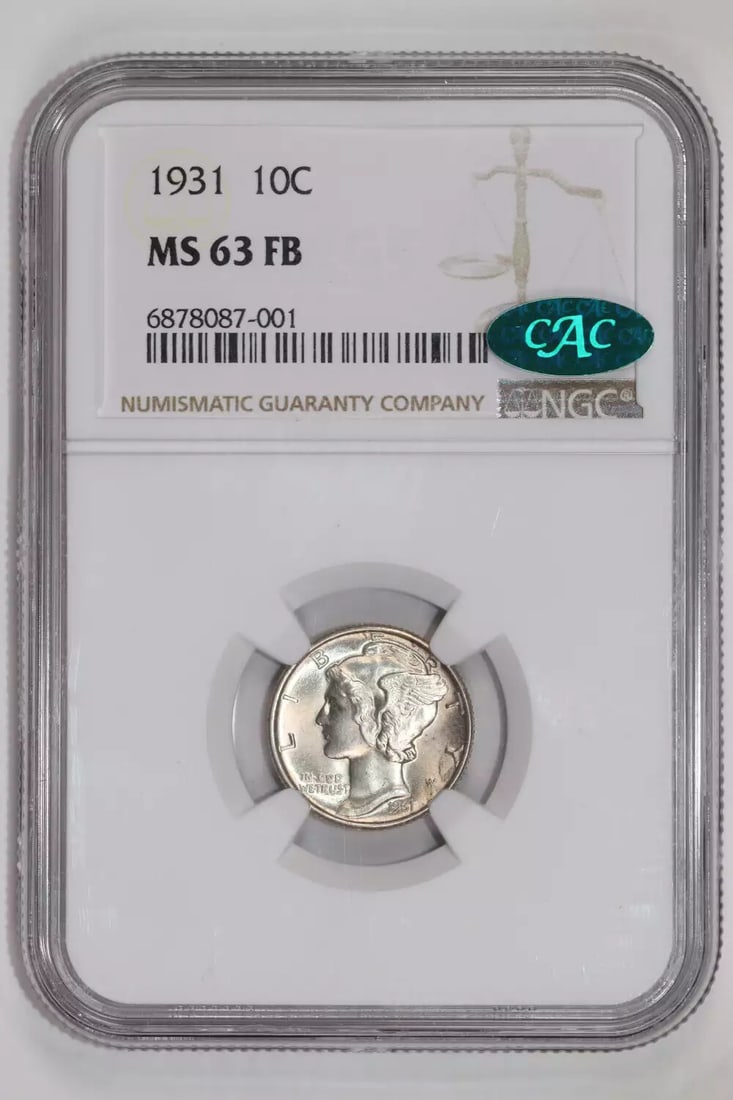 1931 MERCURY DIME NGC MS63 FB CAC: 1931 MERCURY DIME NGC MS63 FB CAC The 1931 Mercury dime, graded MS63 by the NGC and CAC, boasts a striking silver finish. Certified as uncirculated, this coin bears the distinctive profile of Calvert 