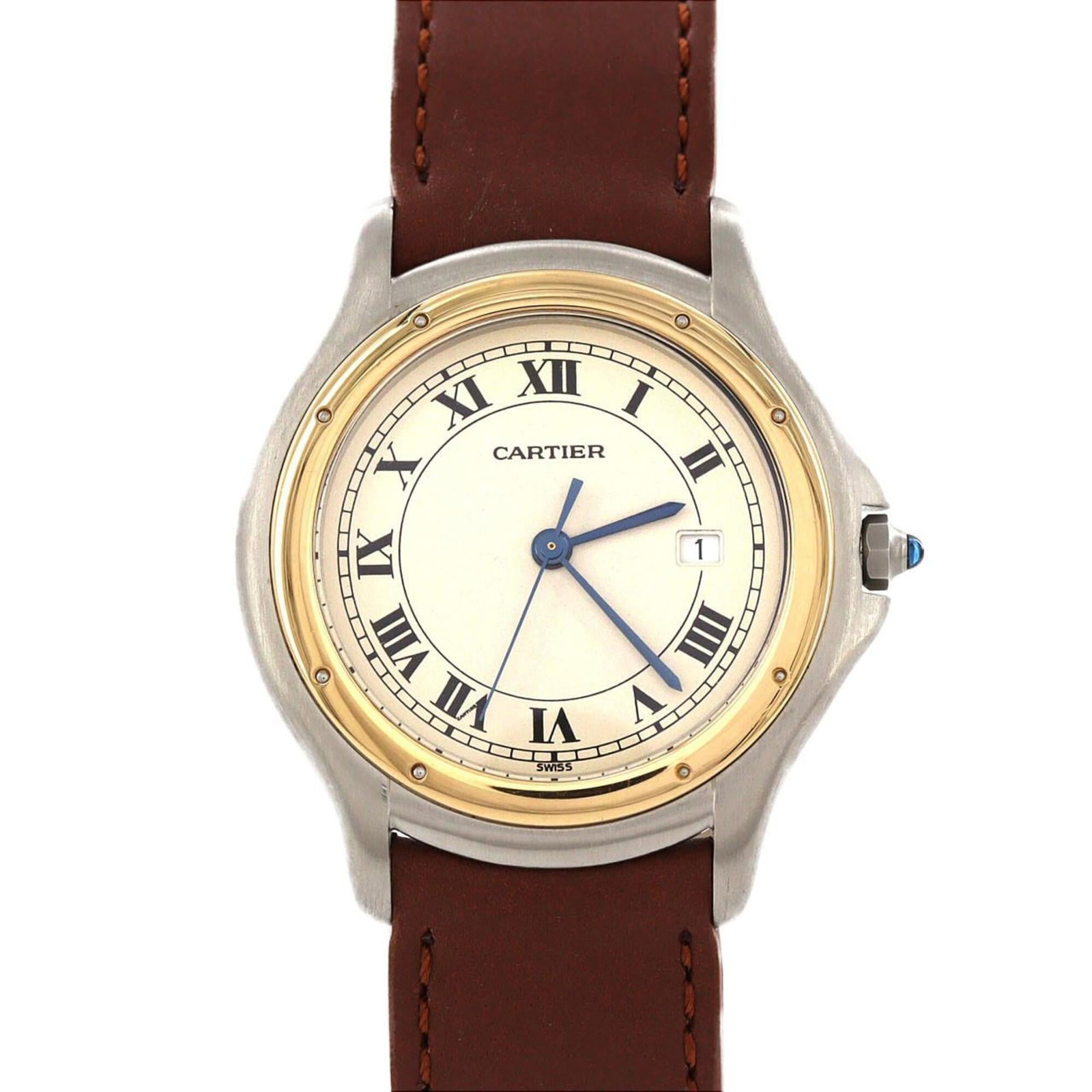 Cartier Wristwatch: Cartier Wristwatch Stainless steel and yellow gold combine in a sleek, silver-dial Cartier wristwatch with a 32mm case diameter. The quartz movement keeps time with precision, while the stainless stee