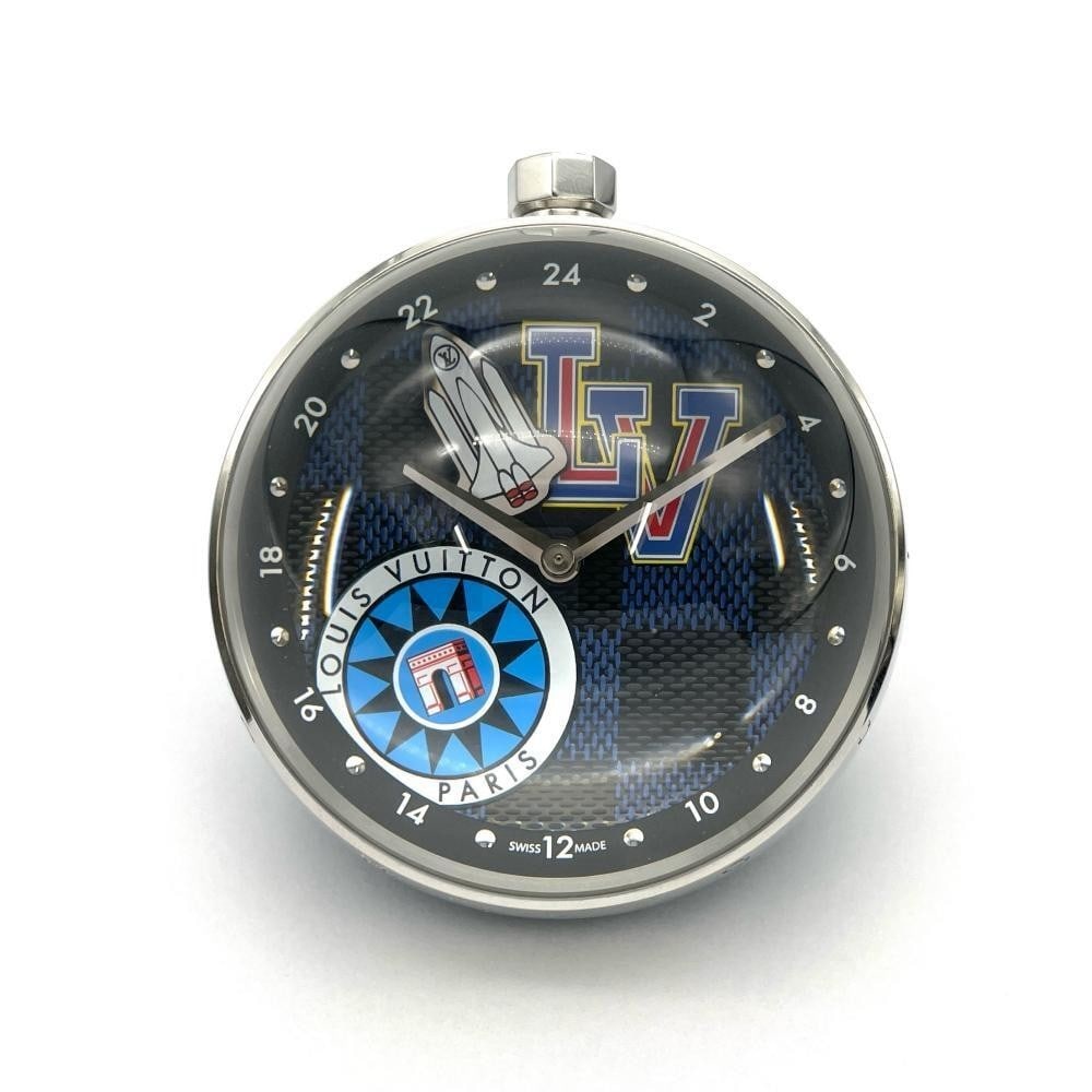 LOUIS VUITTON World Tour Tambour Table Clock Dual Time GMT Q1Q010 TV0272 Boxed: LOUIS VUITTON World Tour Tambour Table Clock Dual Time GMT Q1Q010 TV0272 Boxed Item Specifics: Antique: No Movement: Quartz Power Source: Battery Color: Gray Materials Sourced From: Switzerland Vintag