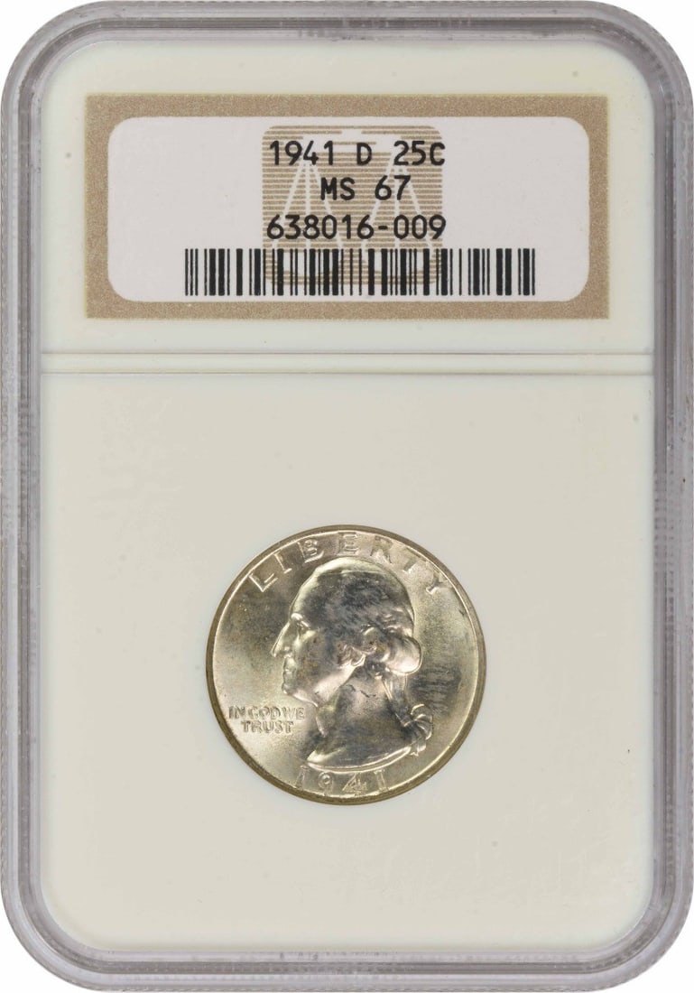 MS67 Washington Quarter 1941-D: MS67 Washington Quarter 1941-D MS67 Washington Quarter 1941-D, graded by the Numismatic Guaranty Corporation (NGC) as Uncirculated, boasts exceptional condition with a high grade of MS67. This 90% sil