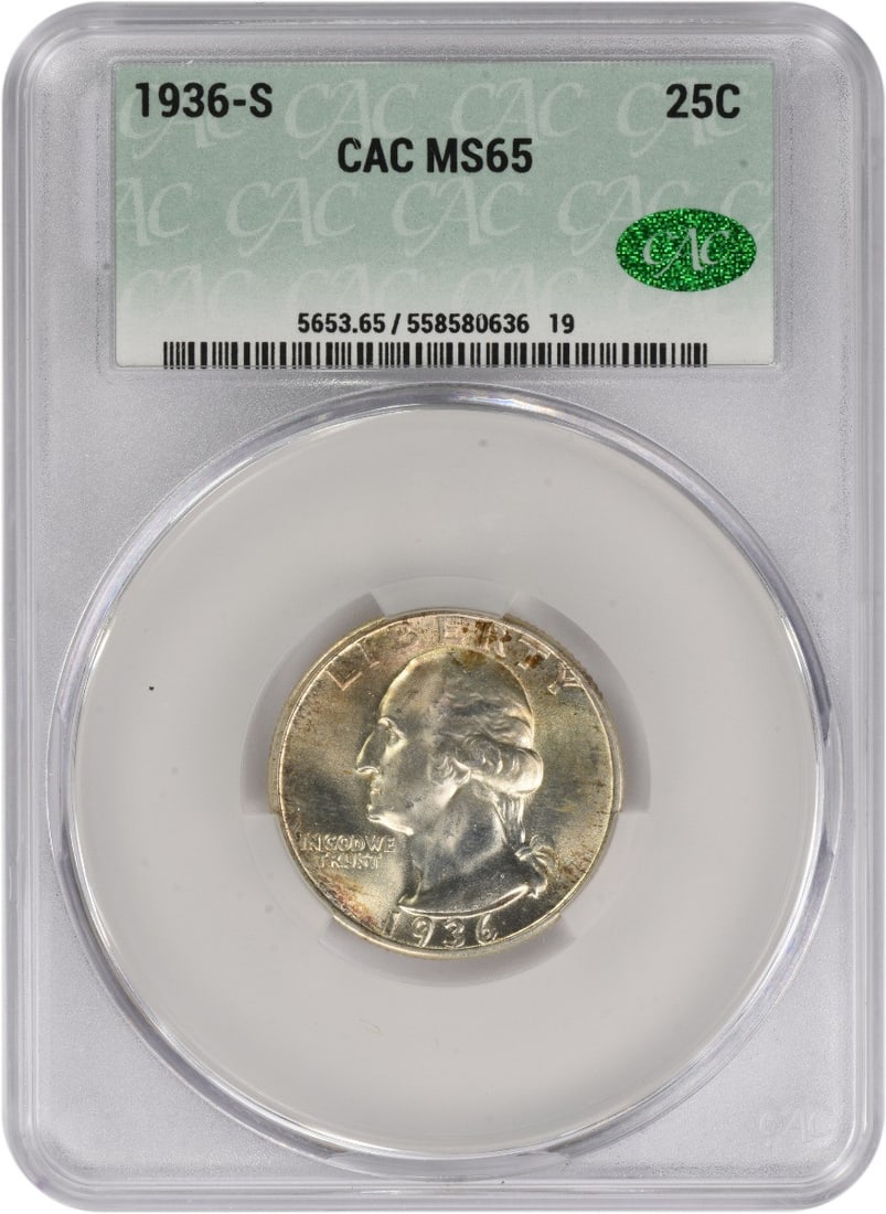 1936-S Washington Silver Quarter MS65 CACG: 1936-S Washington Silver Quarter MS65 CACG The 1936-S Washington Silver Quarter MS65 CACG boasts exceptional condition, with its circulated status and high grade of MS65. This coin's silver compositio