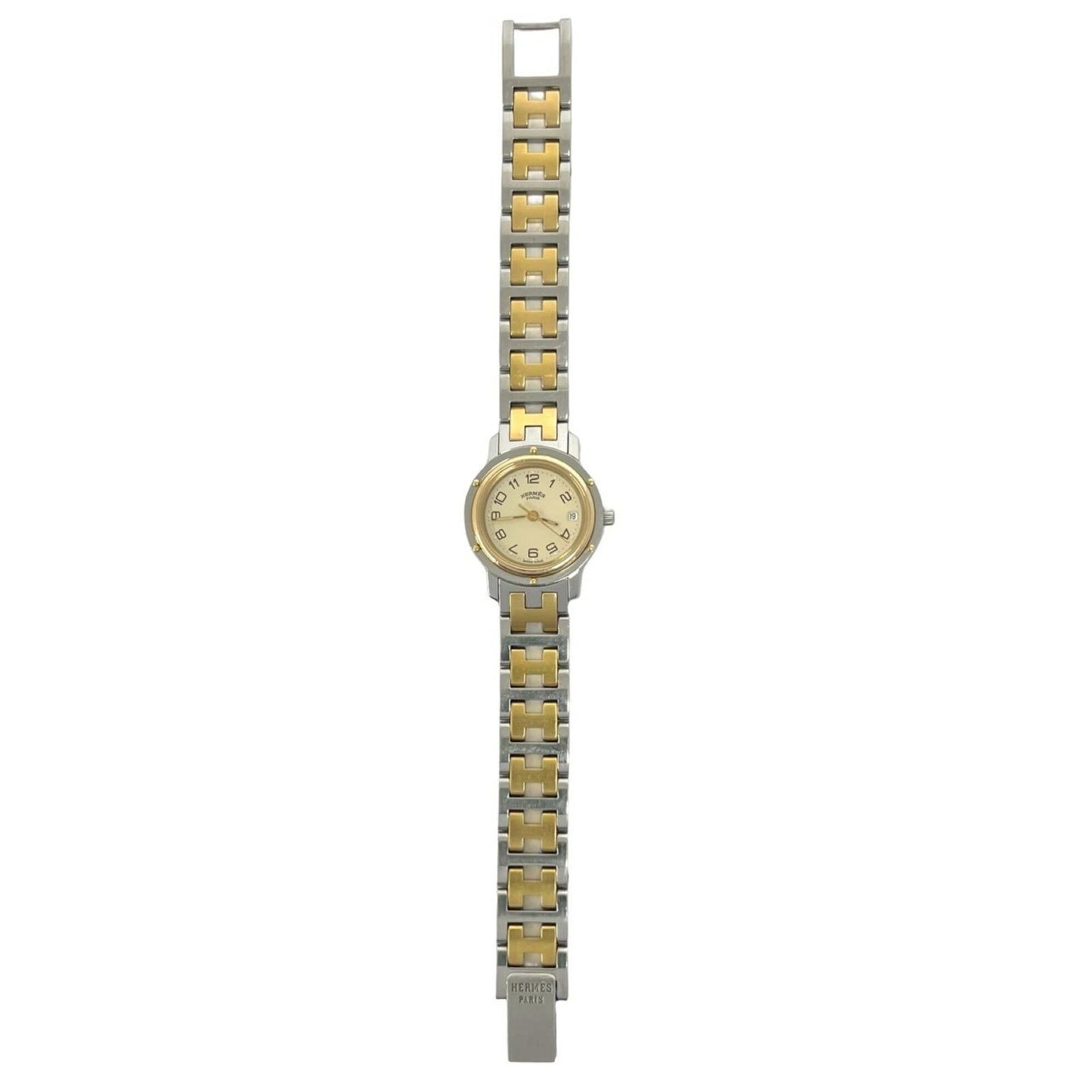 Hermes Wristwatch: Hermes Wristwatch Gold plated and stainless steel, the Hermes wristwatch boasts a sleek 24mm case diameter and adjustable gold plated, stainless steel band. Powered by a reliable quartz movement, this