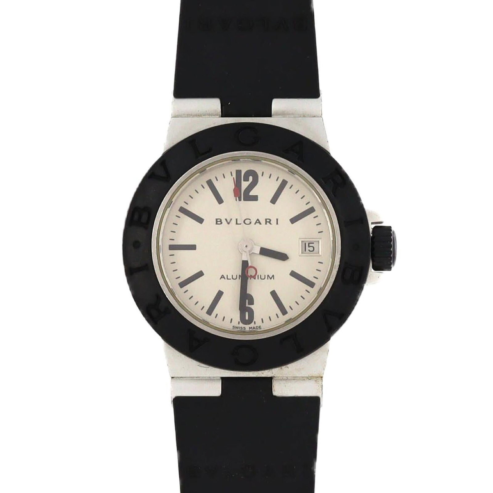 Bvlgari Wristwatch: Bvlgari Wristwatch Bvlgari's sleek design is showcased in this 29mm aluminum case wristwatch, paired with a rubber band and featuring a silver dial. The quartz movement keeps time with precision,