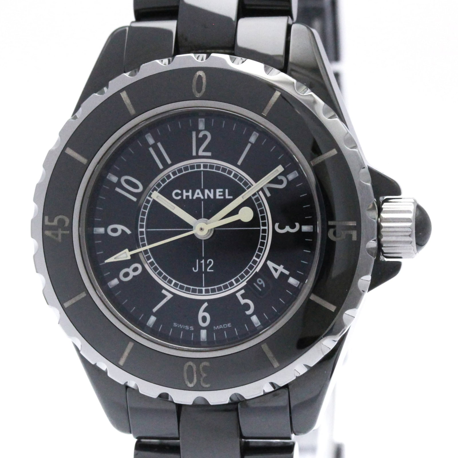 Chanel Wristwatch: Chanel Wristwatch Ceramic case and band, the Chanel J12 wristwatch boasts a sleek and sophisticated design. With its black dial and quartz movement, this timepiece exudes understated elegance. A styli