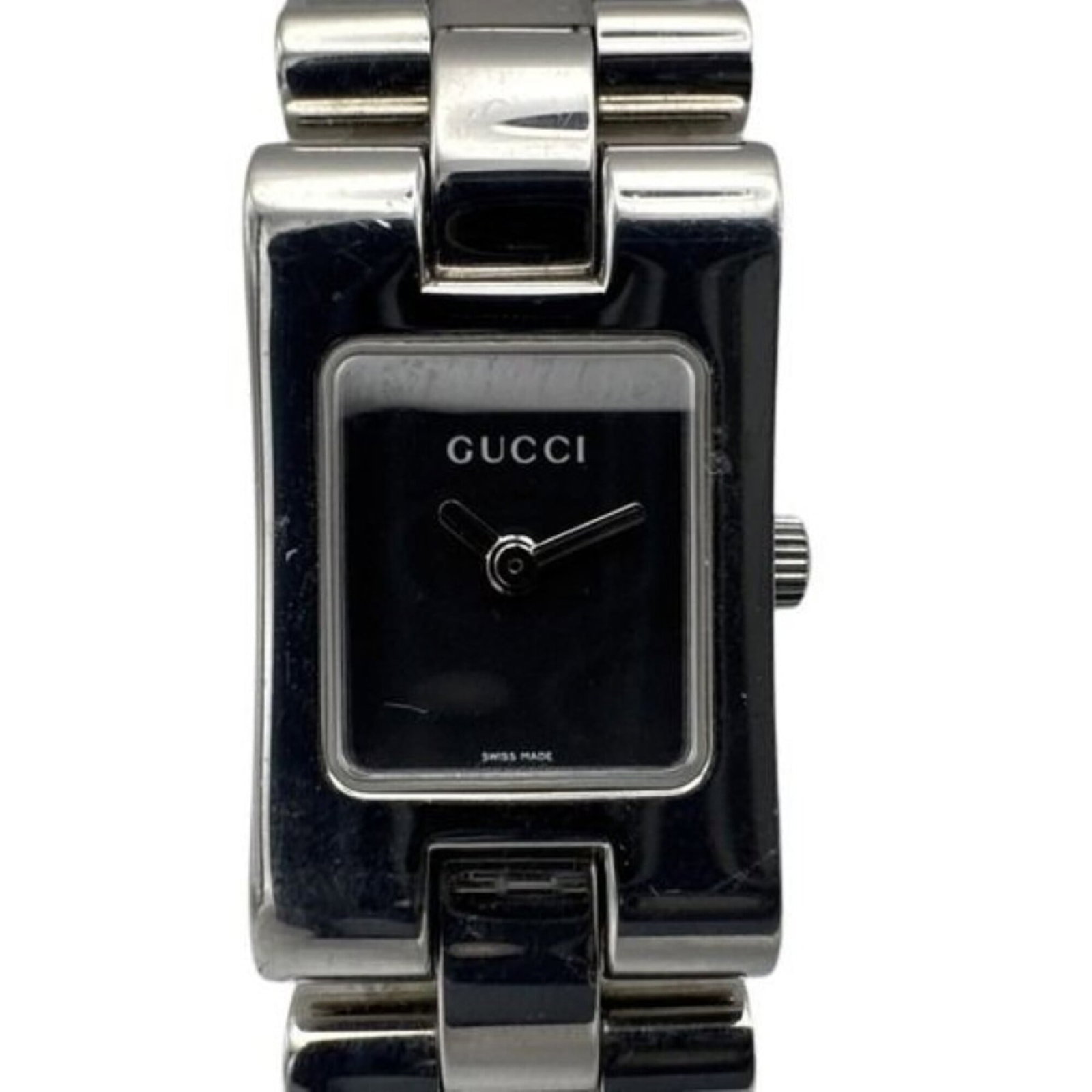 Wristwatch from Gucci: Wristwatch from Gucci Stainless steel case and band add a sleek touch to this black quartz wristwatch from Gucci, measuring 17mm in diameter. The Swiss-made timepiece features a classic design with a 