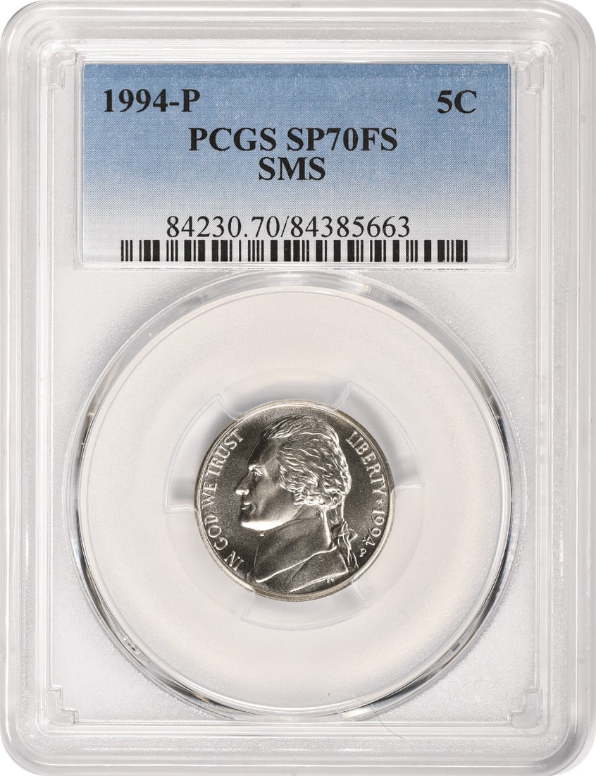 1994-P Jefferson Nickel SMS SP70FS PCGS: 1994-P Jefferson Nickel SMS SP70FS PCGS The 1994-P Jefferson Nickel SMS SP70FS PCGS features a striking design by Felix Schlag, with its plain edge and 75% copper 25% nickel composition. Certified by 