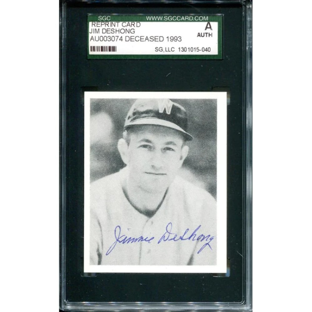 Jim Deshong Autographed 1988 Reprint Card: Jim Deshong Autographed 1988 Reprint Card Jim Deshong's 1988 Reprint Card bears his signature, making it a unique collectible for baseball enthusiasts. This card features the artist's name and year of