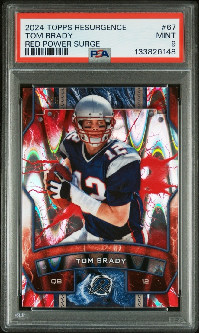 2024 TOPPS RESURGENCE TOM BRADY #67 RED POWER SURGE/ 5 PSA 9: 2024 TOPPS RESURGENCE TOM BRADY #67 RED POWER SURGE/ 5 PSA 9 2024 Topps Resurgence Tom Brady #67 Red Power Surge features the legendary quarterback in stunning detail, showcasing his impressive skills