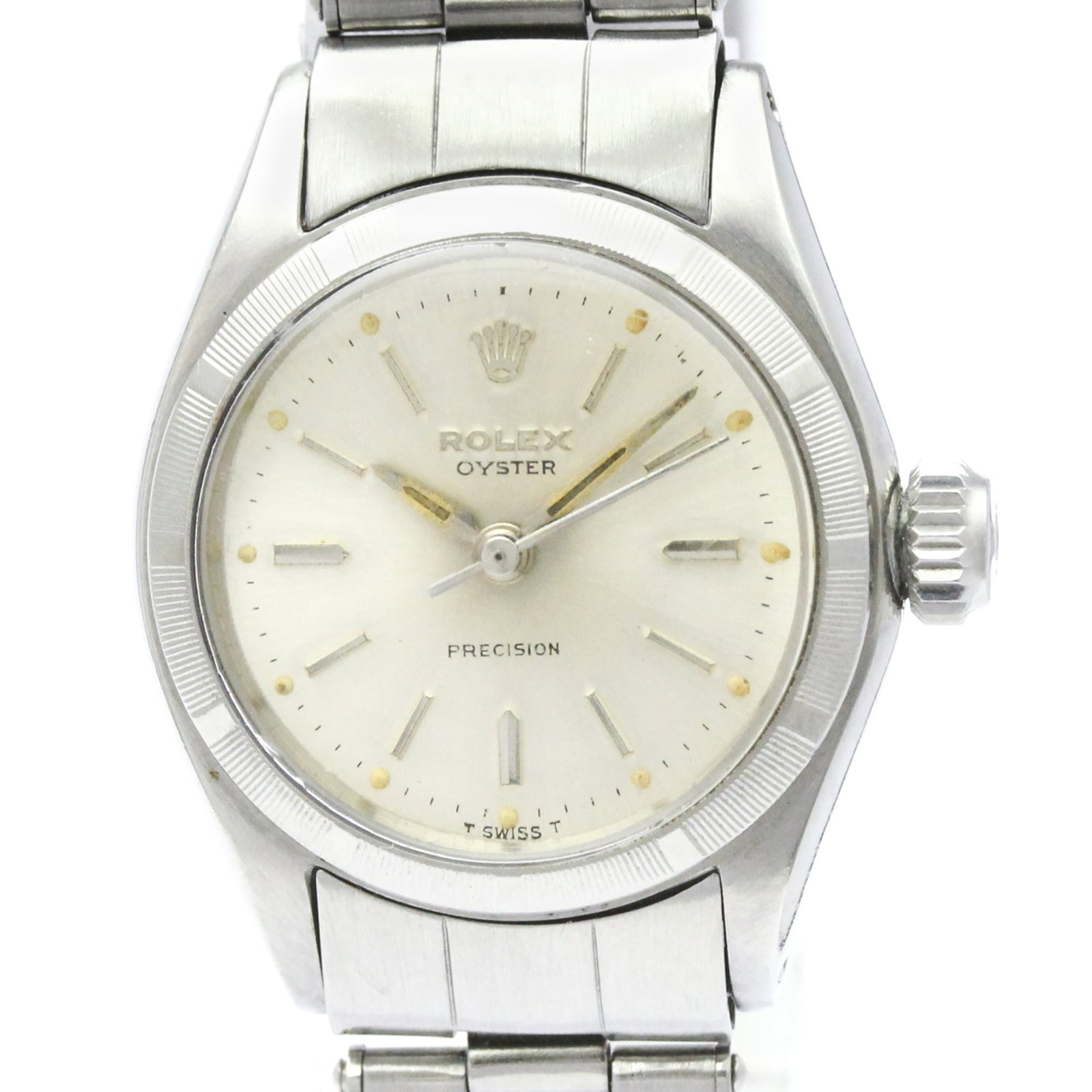 Rolex Wristwatch: Rolex Wristwatch Stainless steel case and band, silver dial, and manual winding mechanical movement make this Rolex Oyster Precision watch a stylish and functional timepiece. The 25mm diameter case