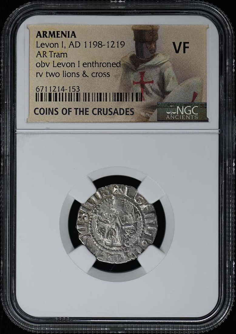 Levon I, AD 1198-1219 ARMENIA AR Tram NGC VF: Levon I, AD 1198-1219 ARMENIA AR Tram NGC VF NGC Certified Armenia Tram, AD 1198-1219, Grade VF. This coin bears the NGC certification number 6711214153 and has been graded as Very Fine (VF). The sign