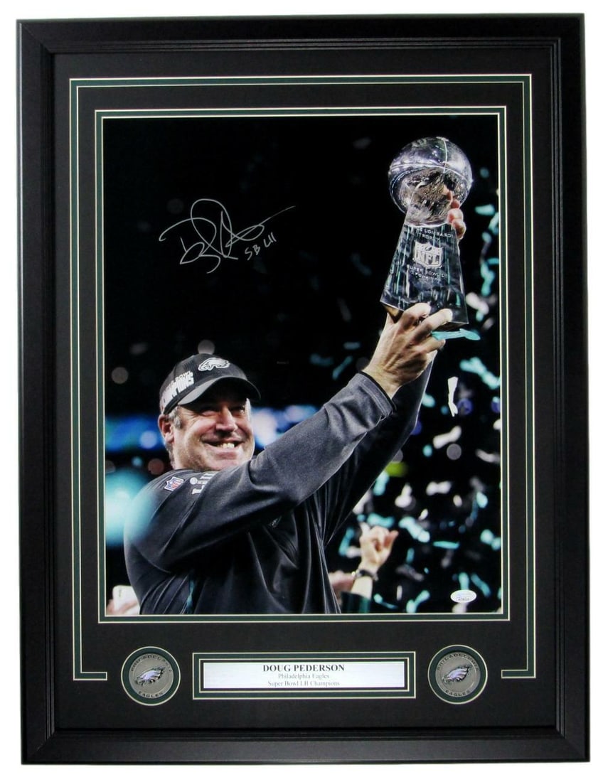 Doug Pederson Eagles Signed/ inscr 16x20 Photo Super Bowl LII Framed JSA 155856: Doug Pederson Eagles Signed/ inscr 16x20 Photo Super Bowl LII Framed JSA 155856 Signed by Doug Pederson, the Eagles' Super Bowl LII-winning coach, this 16x20 photo bears his signature and is officiall
