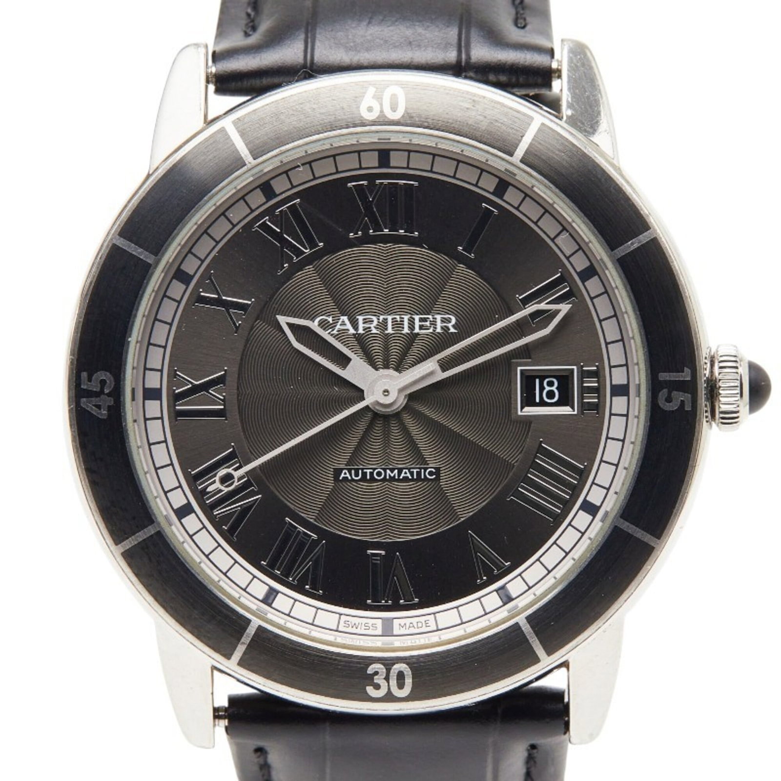 Cartier Wristwatch: Cartier Wristwatch Stainless steel case, a sleek and modern touch, frames the gray dial of this Cartier wristwatch. Powered by a self-winding automatic movement, the watch boasts a classic design