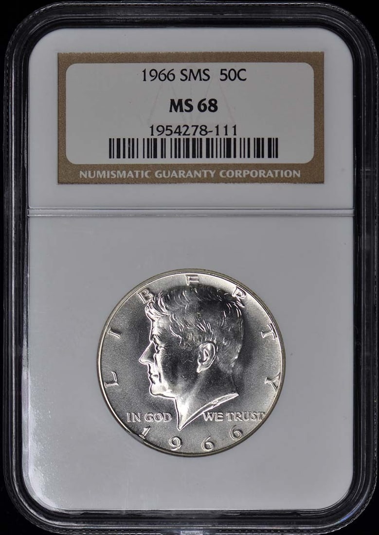 1966 SMS Kennedy 50C NGC MS68: 1966 SMS Kennedy 50C NGC MS68 The 1966 SMS Kennedy Half Dollar in MS68 condition boasts exceptional mint state quality, with its uncirculated surface gleaming under the microscope. Certified by NGC, t