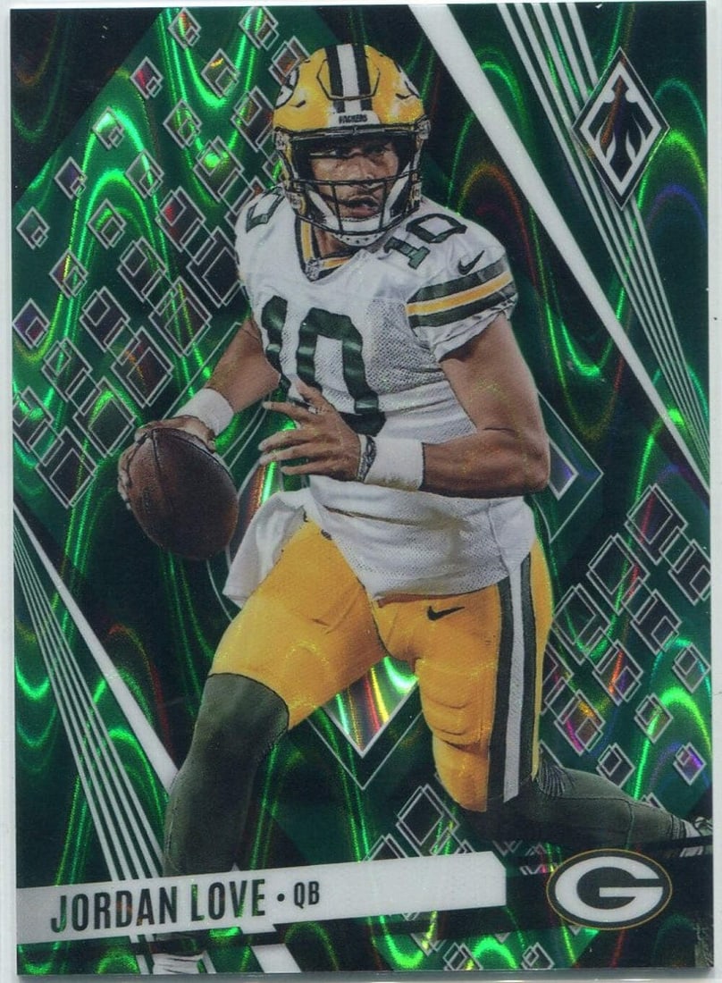 Jordan Love 2023 Panini Phoenix Green Seismic Parallel Card #28 23/ 25: Jordan Love 2023 Panini Phoenix Green Seismic Parallel Card #28 23/ 25 The Jordan Love 2023 Panini Phoenix Green Seismic Parallel Card #28 is a highly sought-after collectible, featuring a unique gree