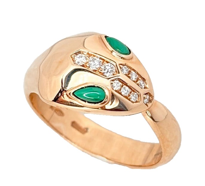 Bvlgari Serpenti Snake Malachite Diamond 18k Rose Gold Ring Animal US 7.75 EU56: Bvlgari Serpenti Snake Malachite Diamond 18k Rose Gold Ring Animal US 7.75 EU56 Item Specifics: Antique: No Shape: Snake Occasion: Anniversary Birthday Christening Christmas Engagement Graduation Moth