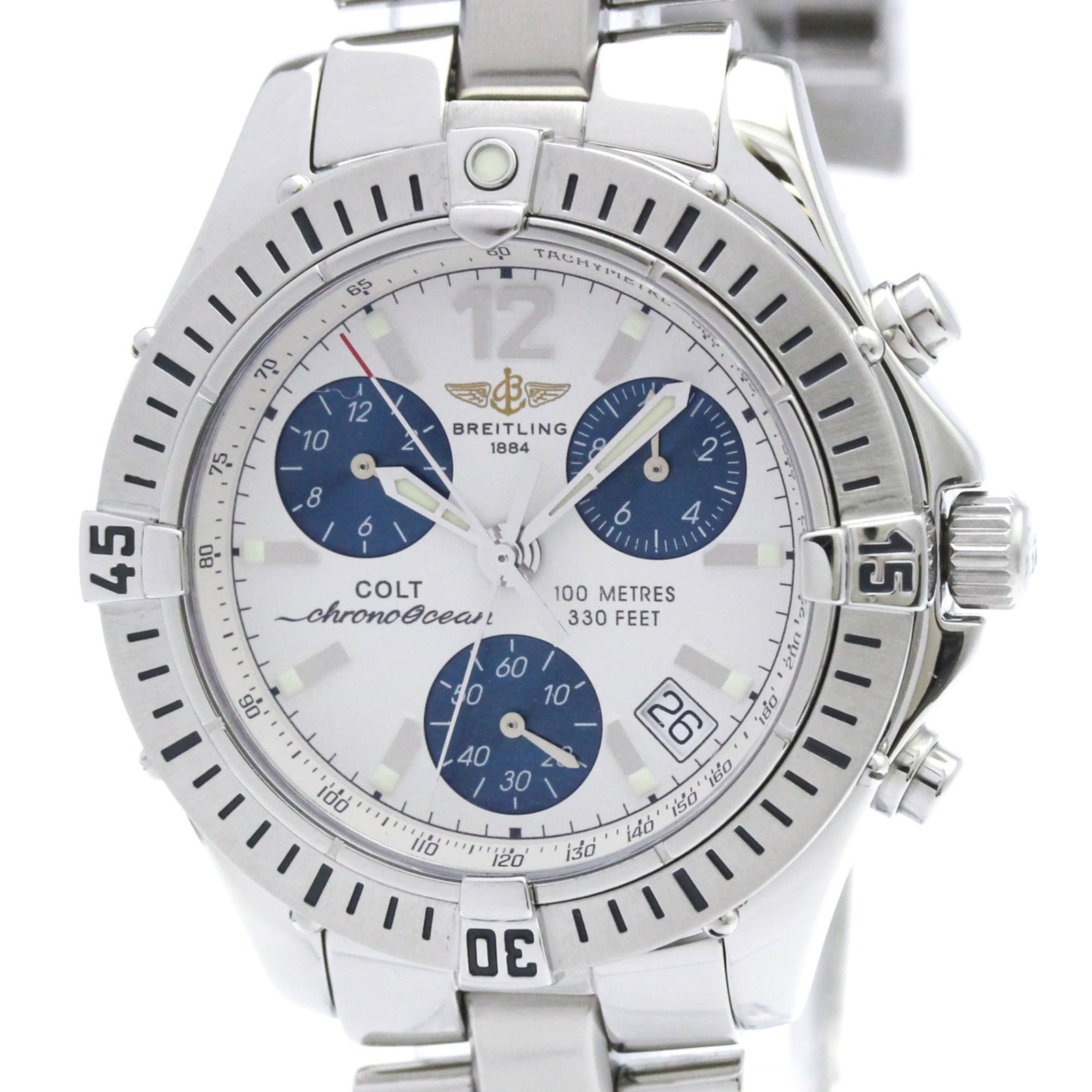 Breitling Wristwatch: Breitling Wristwatch Stainless steel case and band provide a sleek, sporty look for the Breitling Colt watch. The silver dial features a chronograph function, allowing users to track time with precisi