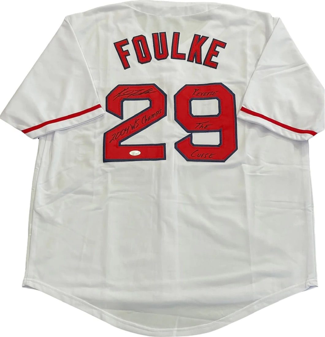 Foulke Keith Autographed Red Sox Boston Jersey JSA: Foulke Keith Autographed Red Sox Boston Jersey JSA Keith Foulke's bold signature in black sharpie across the number on the back of the jersey stands out against the red fabric, accompanied by a
