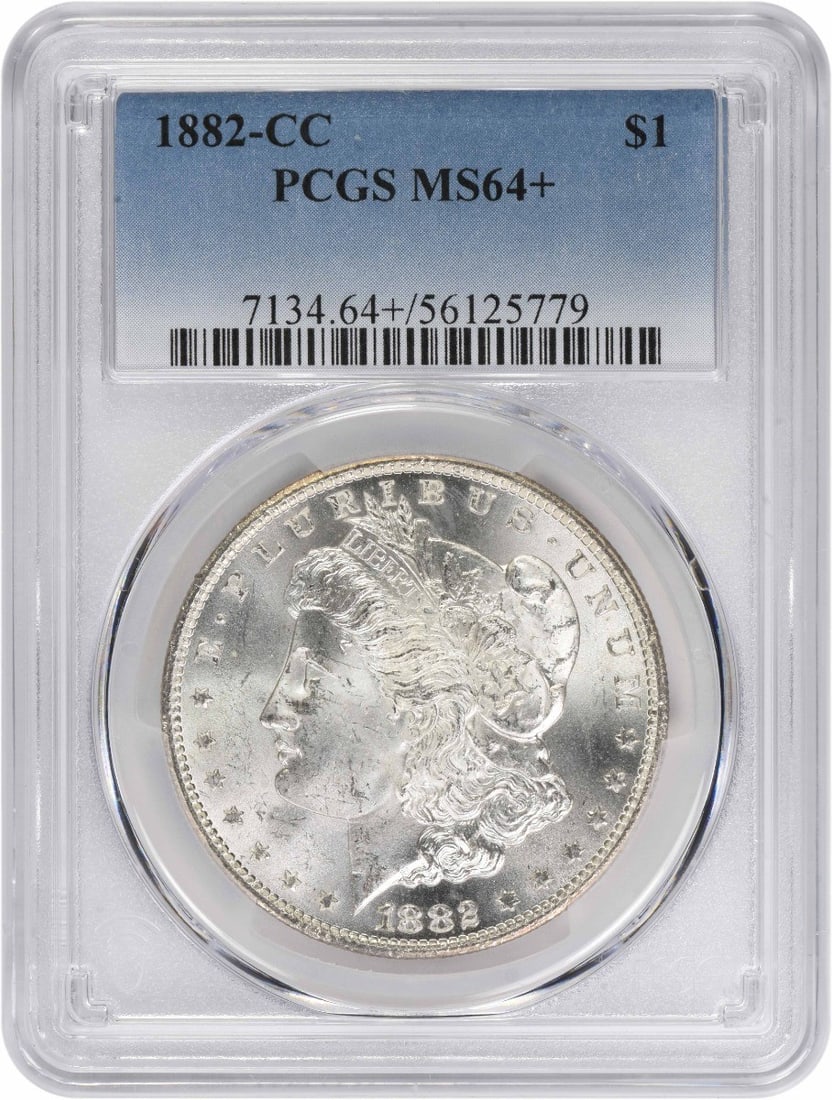 1882-CC Morgan Silver Dollar MS64+ PCGS: 1882-CC Morgan Silver Dollar MS64+ PCGS The 1882-CC Morgan Silver Dollar MS64+ PCGS is a highly detailed and well-crafted coin, boasting an impressive grade of MS64+. Its 90% silver composition and re