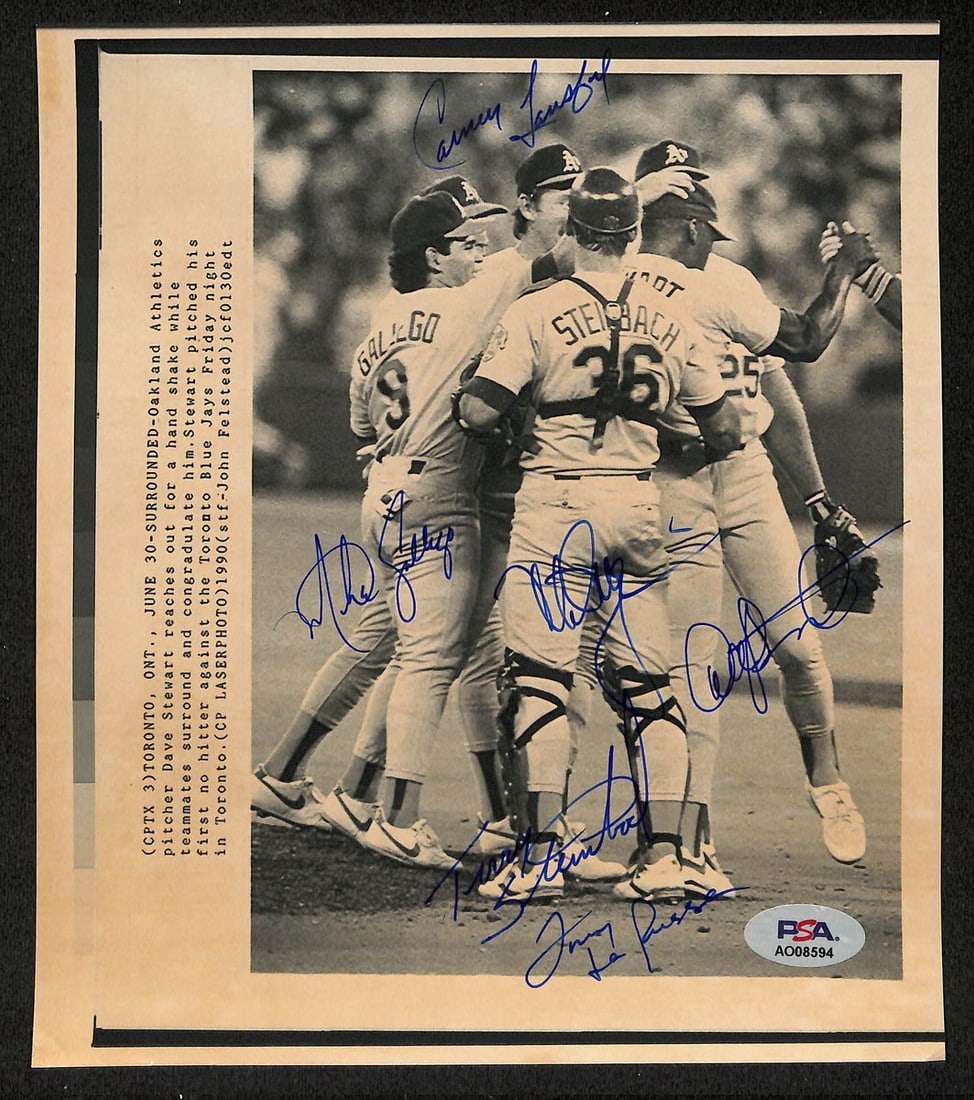 Stewart No Hitter Multi Signed (6) 1990 6x8 Wire Photo A's McGwire PSA 196034: Stewart No Hitter Multi Signed (6) 1990 6x8 Wire Photo A's McGwire PSA 196034 Item Specifics: Original/Reprint: Original Sport: Baseball Product: Photo Signed: Yes Product Disclaimer: Not affiliated