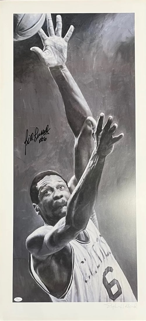 Bill Russell Autographed Stephen Holland 40x20 Lithograph (JSA): Bill Russell Autographed Stephen Holland 40x20 Lithograph (JSA) Authentic Bill Russell autograph on a Stephen Holland 40x20 lithograph, signed in black sharpie across the front. This unique piece comb