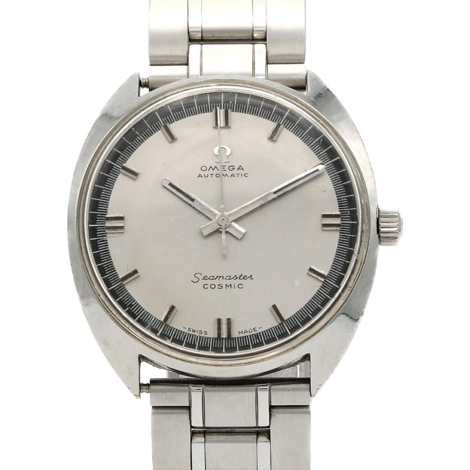 Omega Wristwatch: Omega Wristwatch Stainless steel case and band, silver dial, and self-winding automatic movement make this Omega wristwatch a sleek and functional timepiece. With its 36mm diameter and adjustable size
