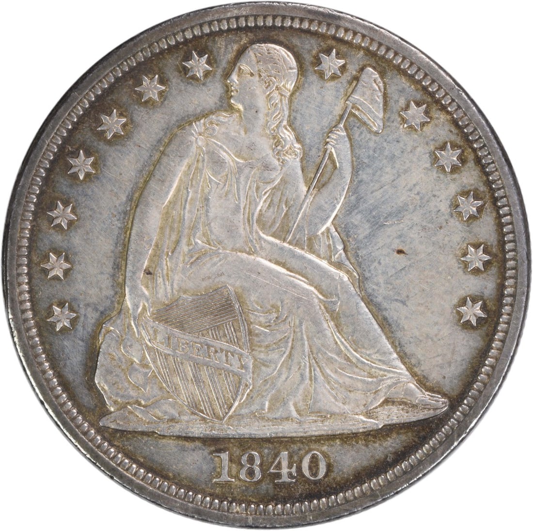 1840 Liberty Seated Silver Dollar AU Slider Uncertified: 1840 Liberty Seated Silver Dollar AU Slider Uncertified The 1840 Liberty Seated Silver Dollar features an AU slider, showcasing its circulated state. With a composition of 90% silver and 10% copper, t