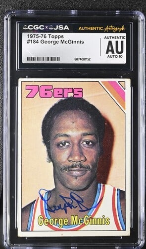 75-76 Topps George Mcginnis CGC x JSA Auth Signed/ Auto Basketball Card BA202245: 75-76 Topps George Mcginnis CGC x JSA Auth Signed/ Auto Basketball Card BA202245 This 75-76 Topps George McGinnis card features a CGC x JSA Auth signed and auto, making it a unique piece for basketbal