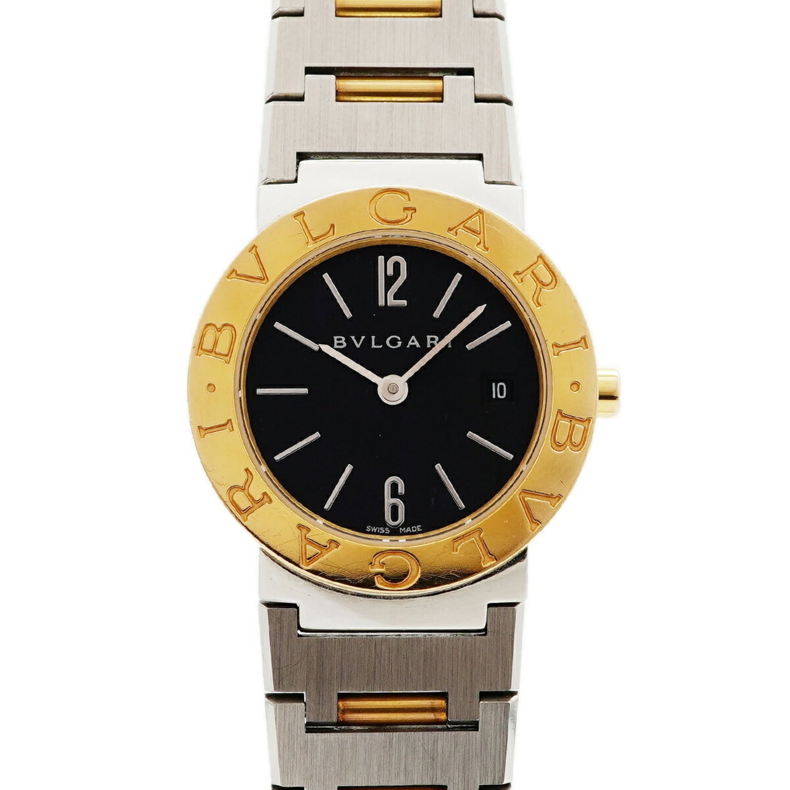 Bvlgari Wristwatch: Bvlgari Wristwatch Stainless steel and yellow gold come together in sleek, modern design as this Bvlgari wristwatch features a black dial. With its quartz movement and compact case diameter of 26mm, i