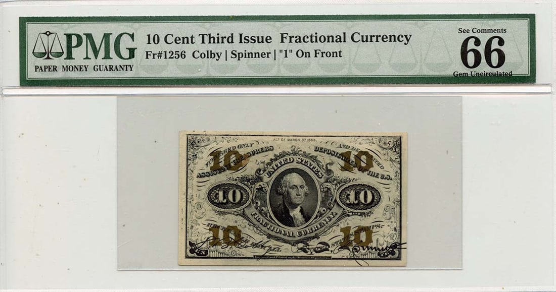 Third Issue 10 Cents Fractional Currency Green Colby Fr#1256 PMG GEM 66 EPQ: Third Issue 10 Cents Fractional Currency Green Colby Fr#1256 PMG GEM 66 EPQ The Third Issue 10 Cents Fractional Currency Green Colby Fr#1256 PMG GEM 66 EPQ boasts an exceptional MS66 grade, showcasing
