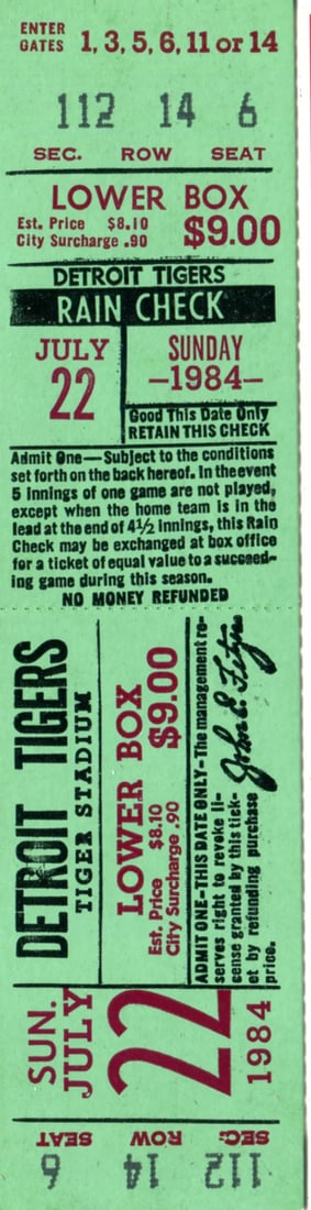 Tigers Detroit July 1984 Full Game Ticket: Tigers Detroit July 1984 Full Game Ticket Signed by artist, a rare Detroit Tigers July 1984 full game ticket from Dania Beach Florida. Packed and shipped with care to ensure safe arrival. This