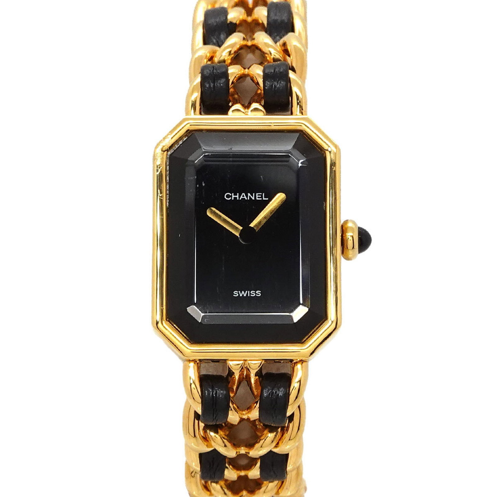Chanel Wristwatch: Chanel Wristwatch Gold plated, stainless steel case and band combine with a sleek black dial to create a sophisticated timepiece. This Chanel wristwatch features a quartz movement and measures 20mm