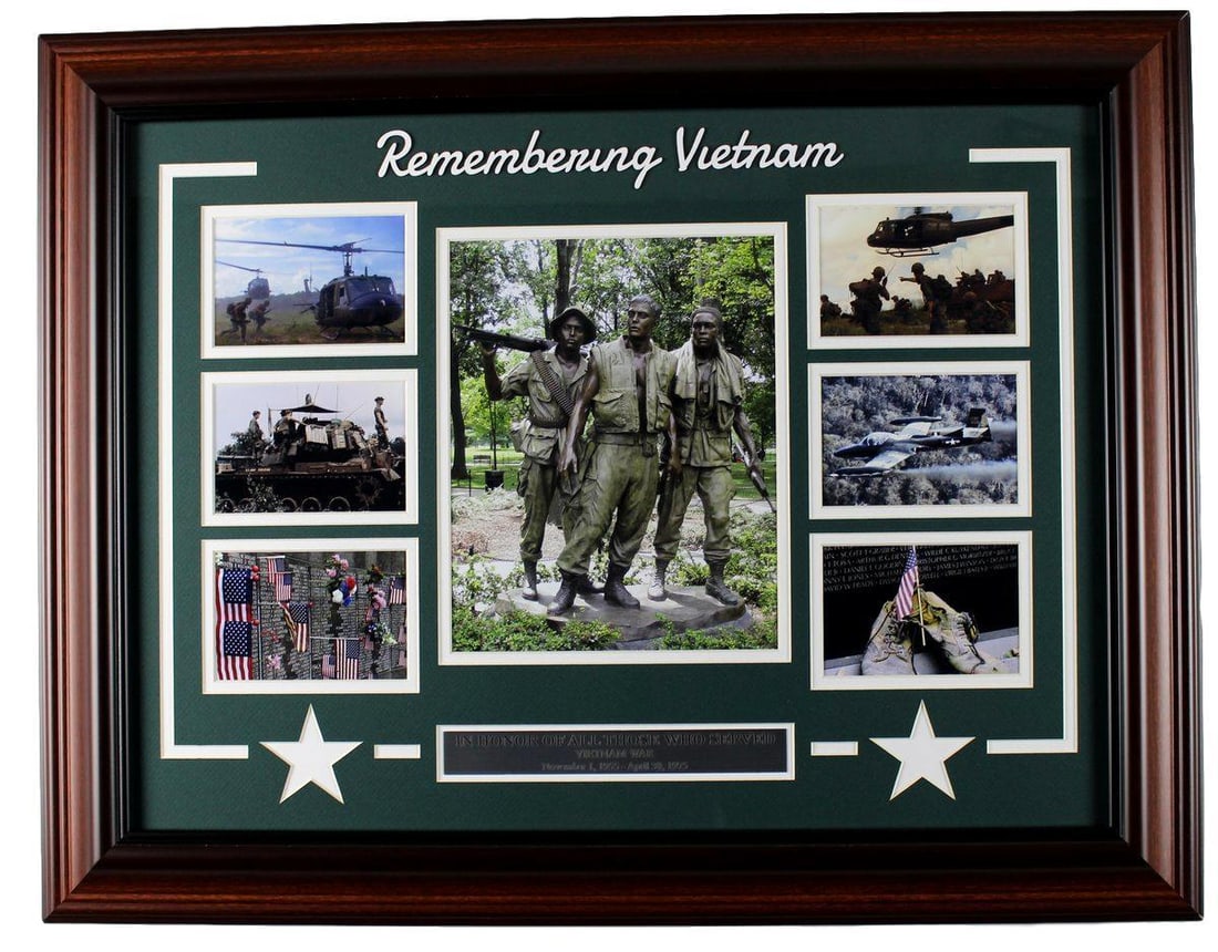 Vietnam War collage framed commemorative: Vietnam War collage framed commemorative Unsigned original Vietnam War collage framed commemorative, showcasing a powerful visual representation of the conflict. The piece bears a signature and is