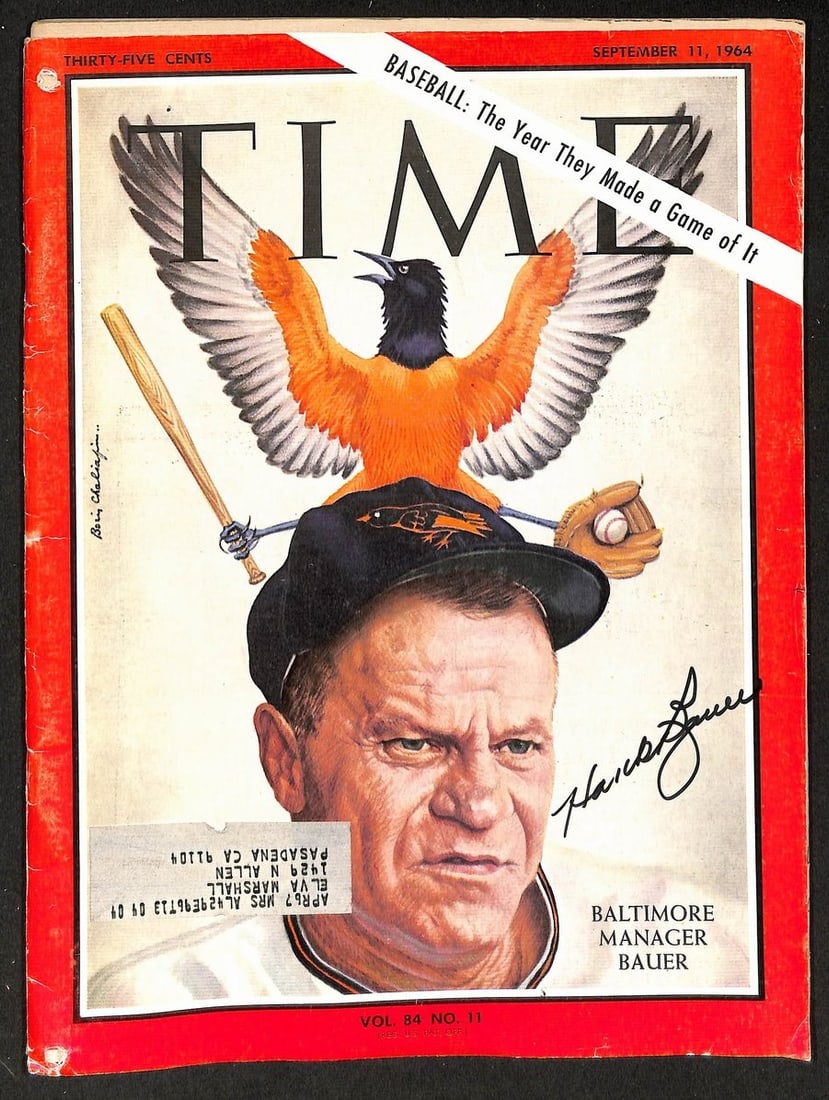 Hank Bauer Orioles Signed Autographed 1964 Magazine Time JSA: Hank Bauer Orioles Signed Autographed 1964 Magazine Time JSA Signed by Hank Bauer, a legendary Orioles player from the 1960s, this 1964 Magazine Time features an autographed photo and accompanying tex