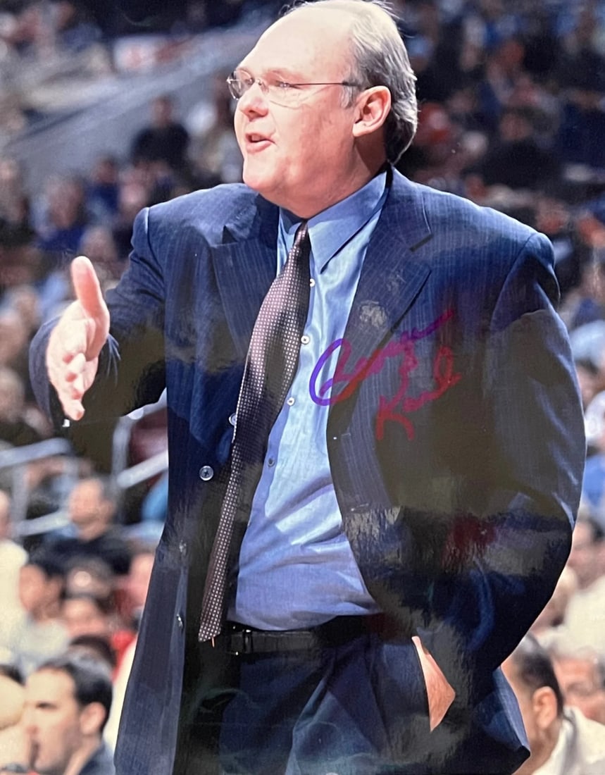 George Karl Autographed 8x10 Basketball Photo: George Karl Autographed 8x10 Basketball Photo Signed by George Karl, the former NBA head coach and player, this 8x10 basketball photo showcases his signature in blue sharpie across the front. The phot