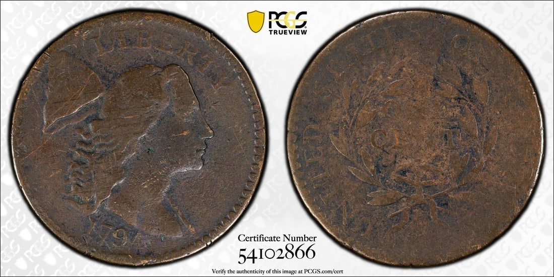 PCGS 1794 CENT FINE HAIR LARGE FLOWING 1794: PCGS 1794 CENT FINE HAIR LARGE FLOWING 1794 PCGS 1794 CENT FINE HAIR LARGE FLOWING 1794 - A Rare and Historic Coin.This PCGS certified 1794 Cent Fine Hair Large Flowing coin features a copper composit