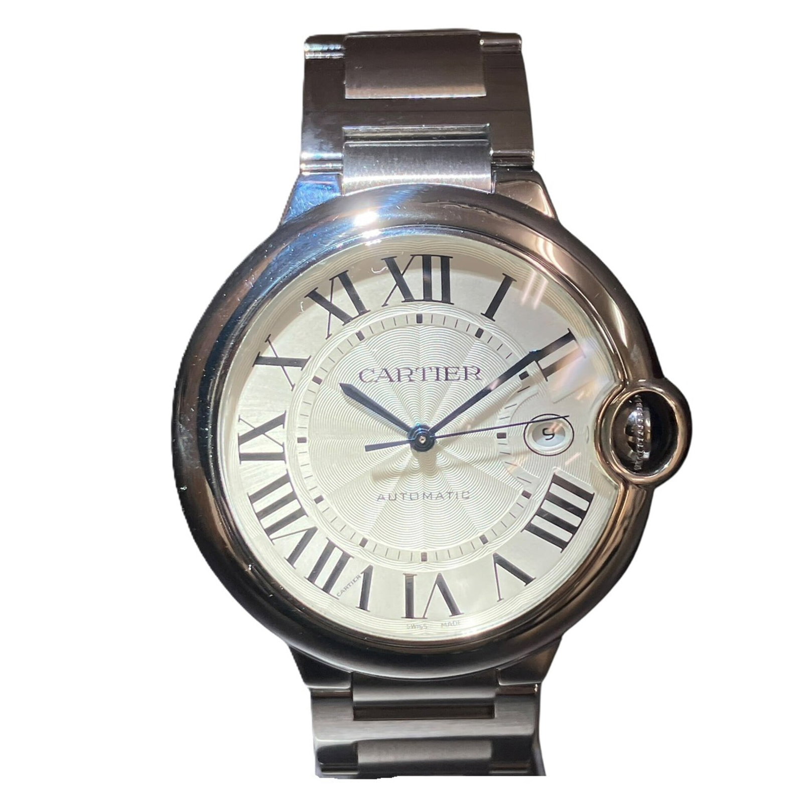 Cartier Wristwatch: Cartier Wristwatch Stainless steel case and band, silver dial, and self-winding automatic movement make this Cartier wristwatch a sleek and functional timepiece. The 42mm diameter and 17.5cm length pr