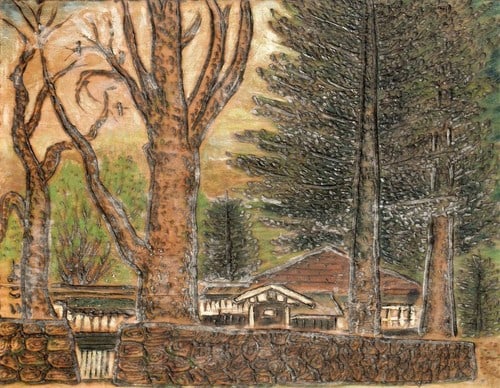 Kozo Yokoi Pyrography Art Giant Tree in Mountains Japanese Outsider Artist (1 of 1)