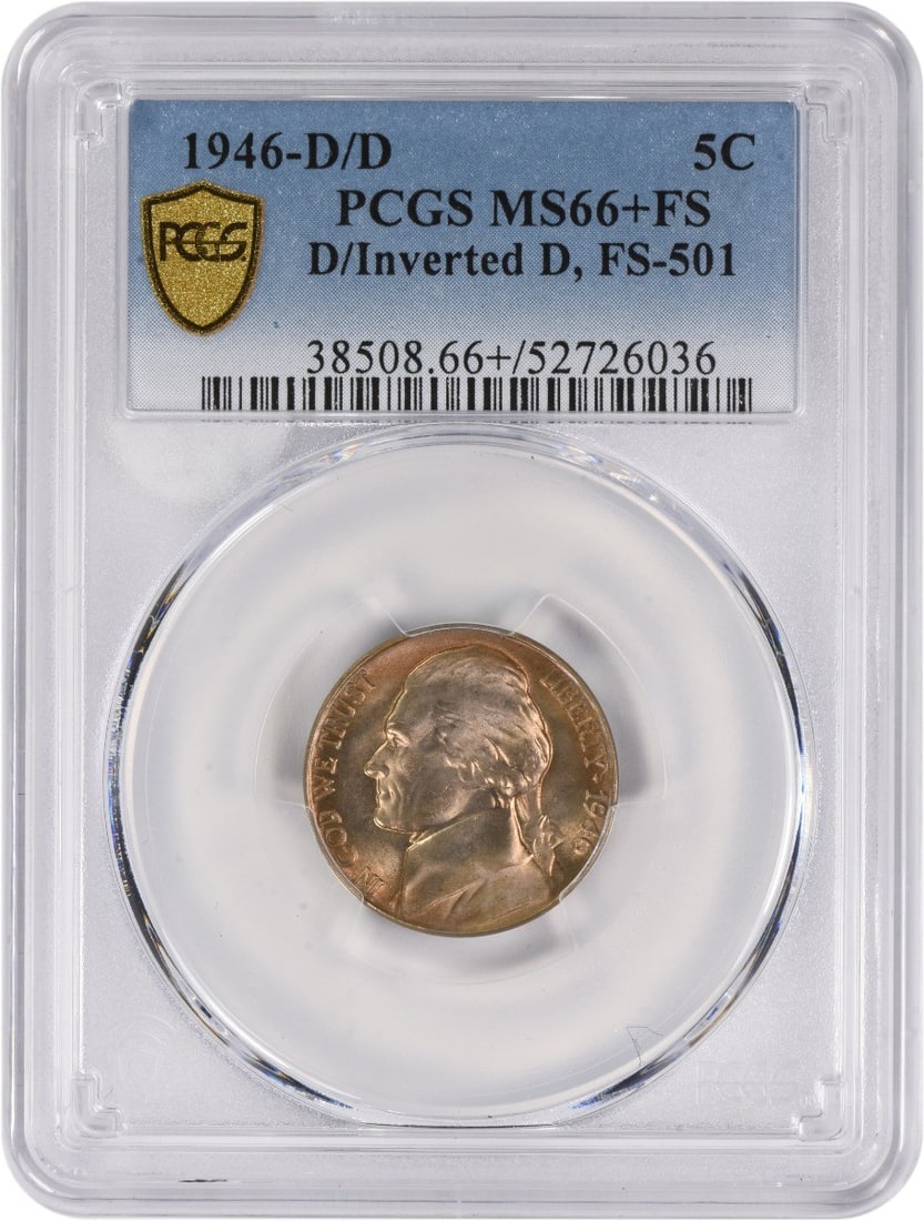 1946-D/ D Jefferson Nickel FS-501 MS66+FS PCGS: 1946-D/ D Jefferson Nickel FS-501 MS66+FS PCGS The 1946-D Jefferson Nickel FS-501 MS66+FS PCGS boasts exceptional condition, with its MS66+ grade indicating a high level of detail and luster. Certifie