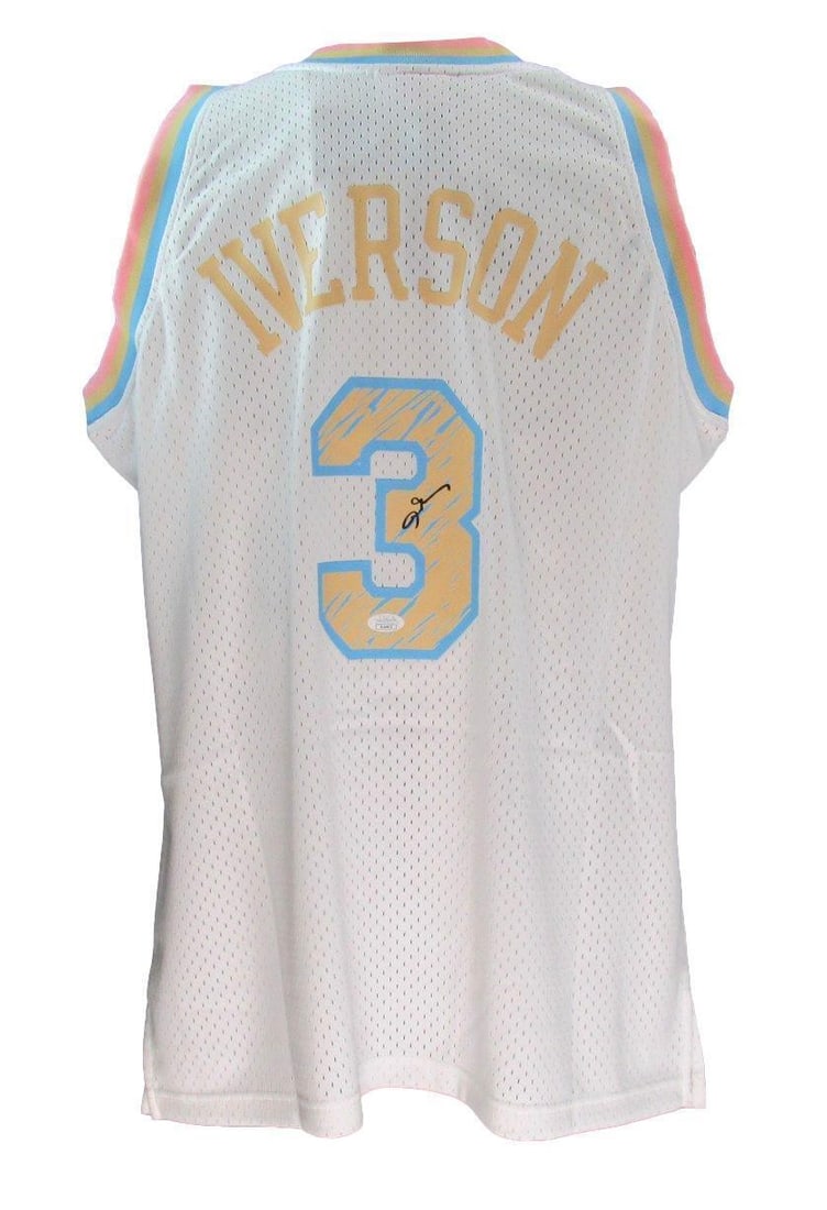 Allen Iverson HOF Autographed White Mitchell & Ness Jersey 76ers JSA 181849: Allen Iverson HOF Autographed White Mitchell & Ness Jersey 76ers JSA 181849 Authentic Allen Iverson HOF Autographed White Mitchell & Ness Jersey from the Philadelphia 76ers, bearing the official JSA