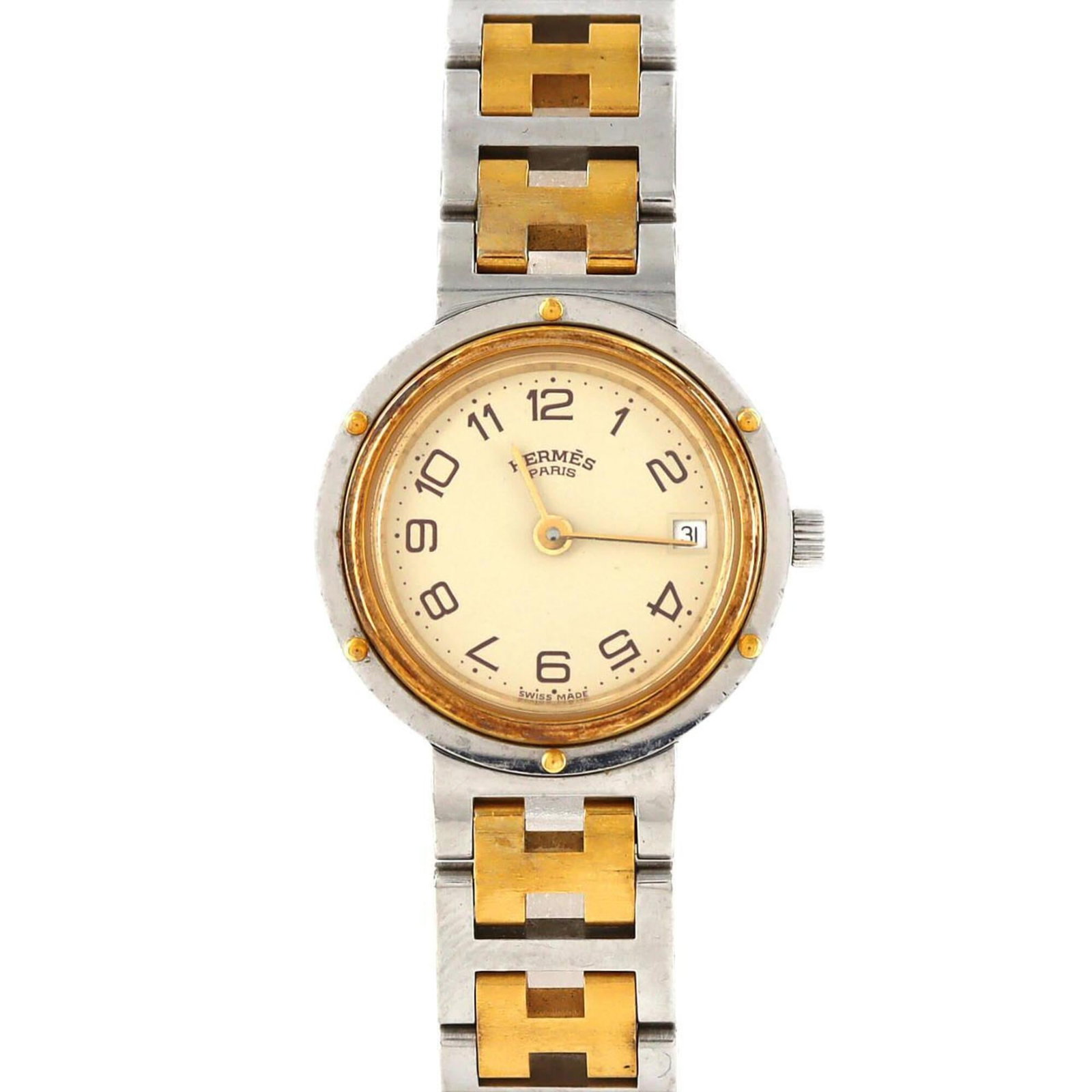 Hermes Wristwatch: Hermes Wristwatch Gold plated and stainless steel construction, the Hermes Wristwatch boasts a sleek 24mm case diameter. Featuring an ivory dial and quartz movement, this timepiece combines classic st