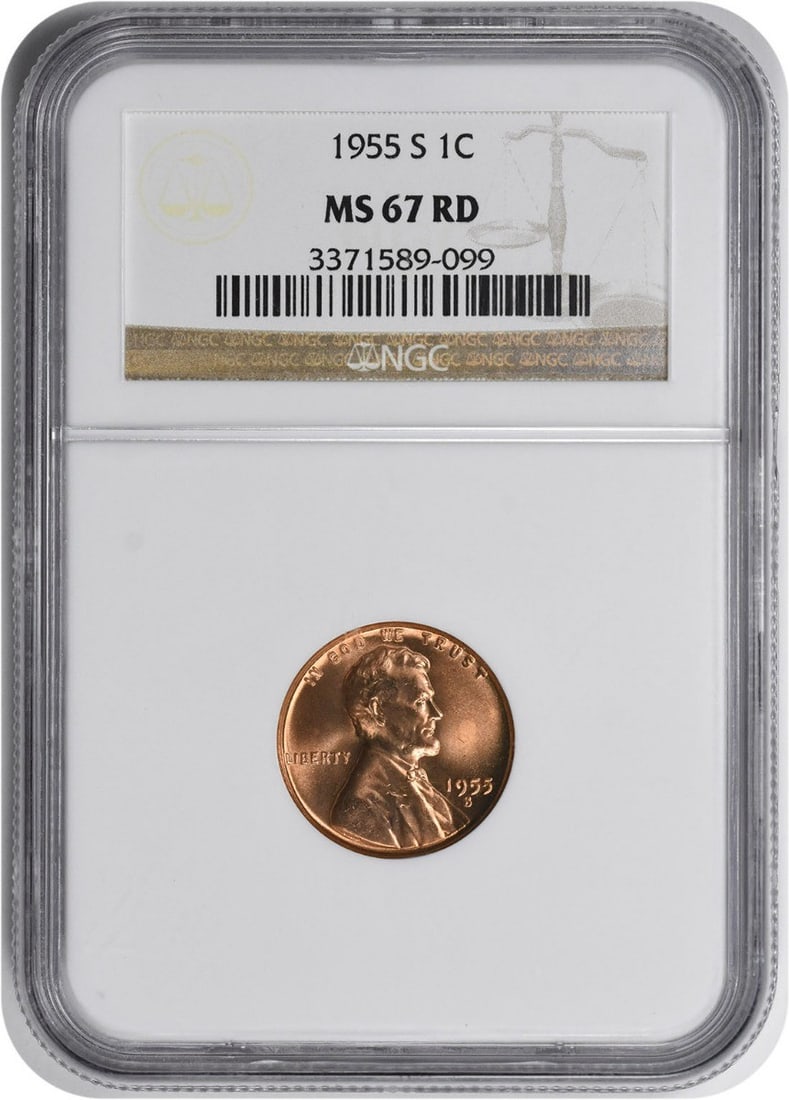 1955-S Lincoln Cent MS67RD NGC: 1955-S Lincoln Cent MS67RD NGC The 1955-S Lincoln Cent MS67RD NGC is a stunning example of American numismatic art, boasting a high-grade MS67RD certification from the renowned NGC. This uncirculated 