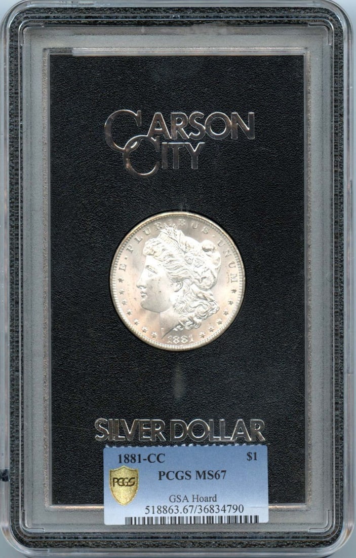 Morgan Dollar 1881 CC GSA Hoard MS67: Morgan Dollar 1881 CC GSA Hoard MS67 The 1881 CC Morgan Dollar, certified MS67 by PCGS, showcases exceptional mint state condition with a rich history. This uncirculated coin bears the mark of its pla