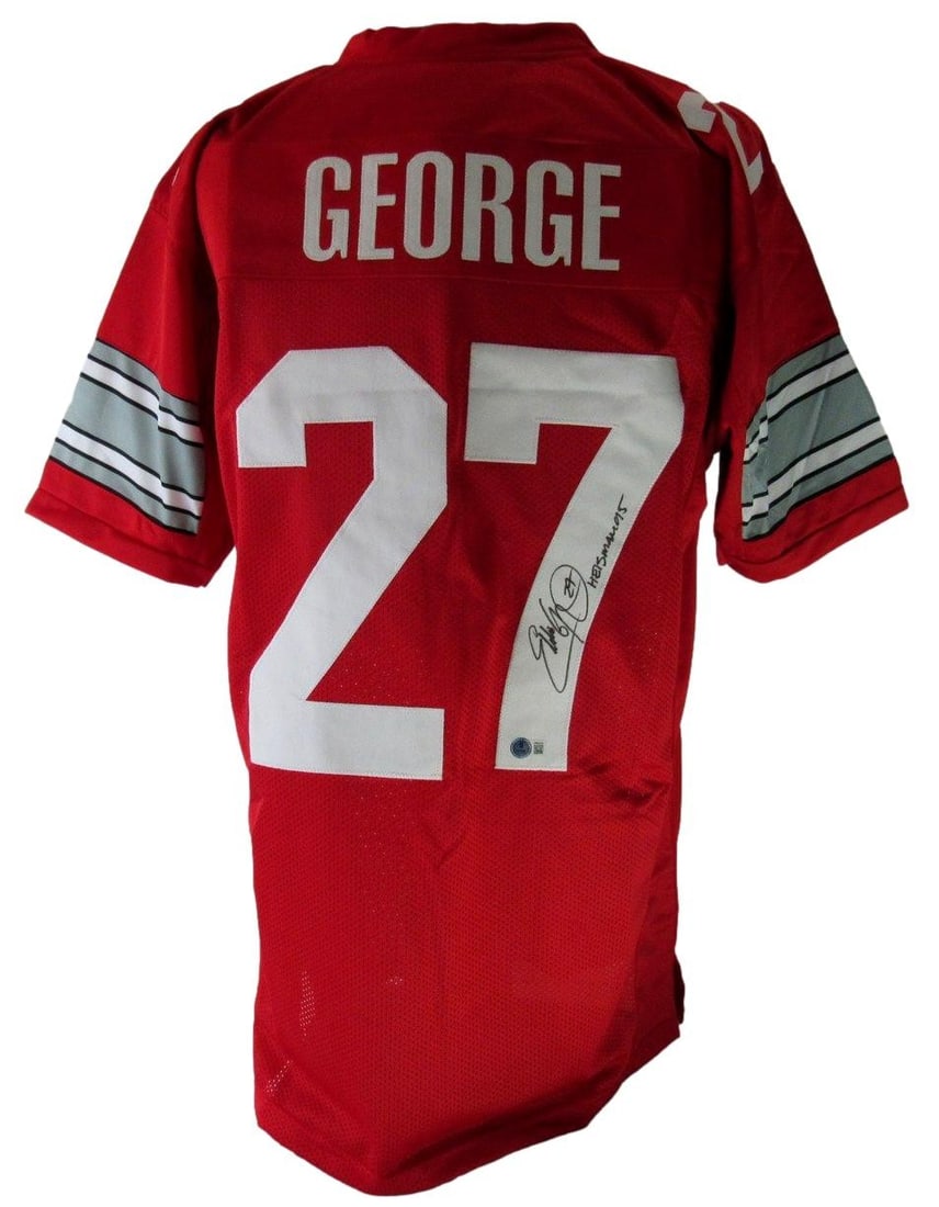 Eddie George Signed/ Autographed Ohio State Red Custom Jersey Beckett 204293: Eddie George Signed/ Autographed Ohio State Red Custom Jersey Beckett 204293 Authentic Ohio State Red jersey signed by Eddie George, a legendary running back who helped lead the Buckeyes to multiple c