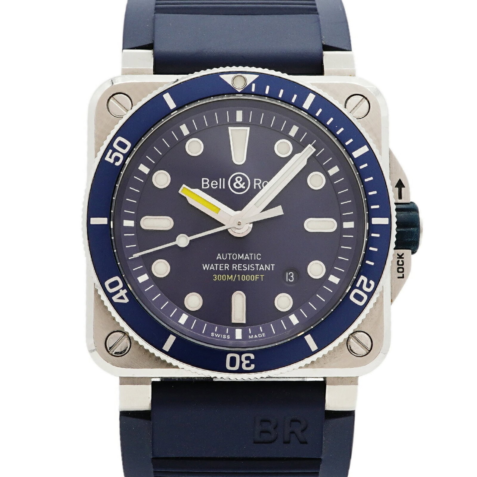 Bell & Ross Wristwatch: Bell & Ross Wristwatch The Bell & Ross BR0392-D-BU-ST/SRB features a striking blue dial, complemented by a rubber band that adds a touch of sportiness to its sleek design. Powered by a self-winding