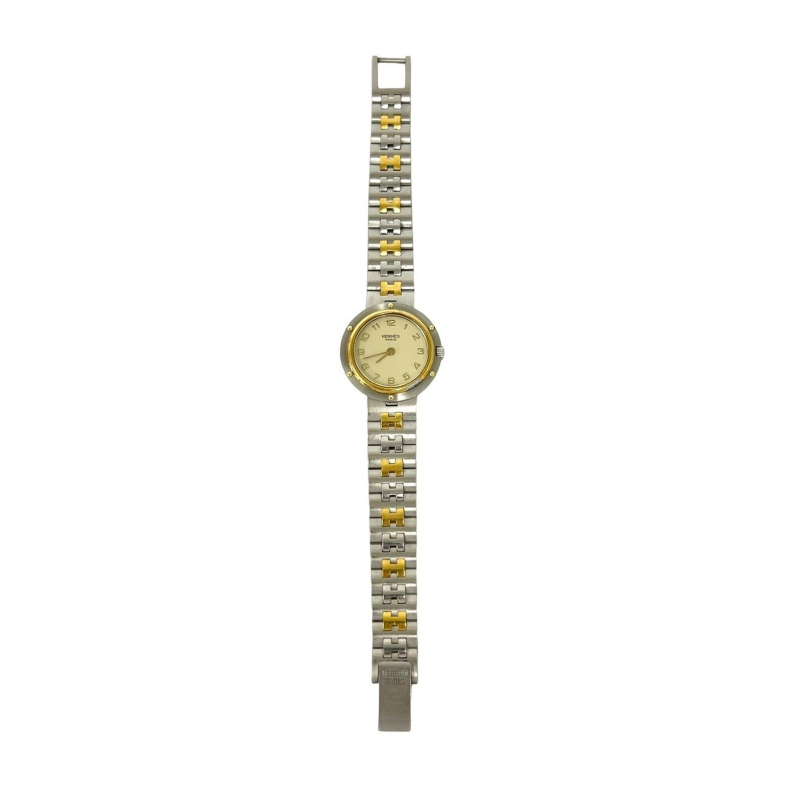 Hermes Wristwatch: Hermes Wristwatch Gold plated and stainless steel case with a sleek 24mm diameter, this Hermes wristwatch boasts a stylish design. The quartz movement ensures reliable timekeeping, while the gold