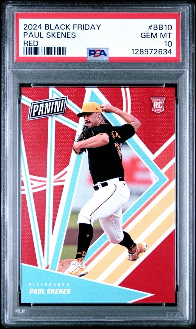 2024 PANINI BLACK FRIDAY PAUL SKENES #BB10 RED ROOKIE/ 125 PSA 10: 2024 PANINI BLACK FRIDAY PAUL SKENES #BB10 RED ROOKIE/ 125 PSA 10 Signed by artist Paul Skenes, this 2024 Panini Black Friday card features a rare red rookie parallel, graded PSA 10. Only 125 copies w