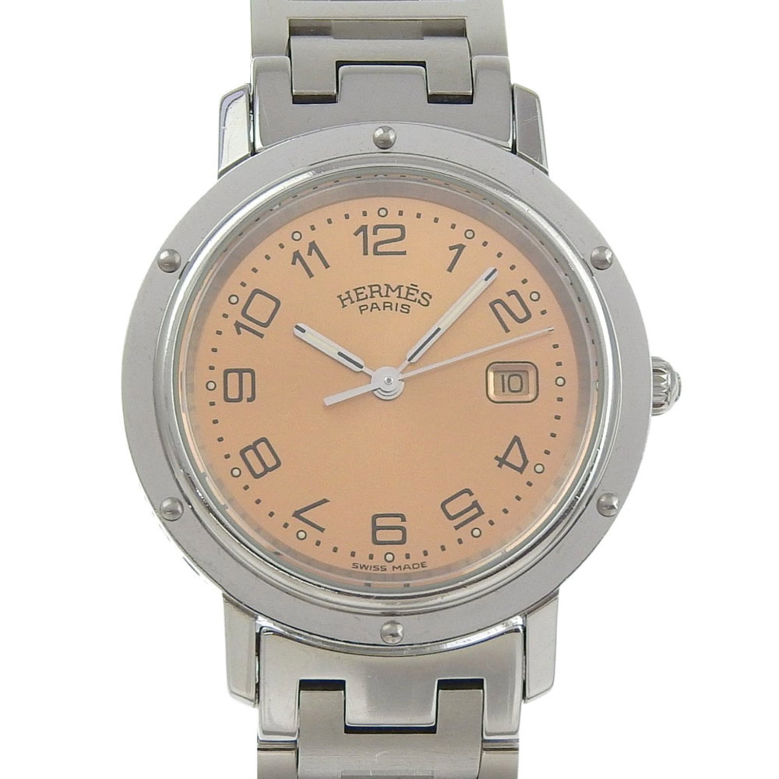 Hermes Wristwatch: Hermes Wristwatch Stainless steel case and band, the Hermes wristwatch boasts a sleek pink dial. Measuring 32mm in diameter with a thickness of 6.5mm, this quartz-powered timepiece features date displ